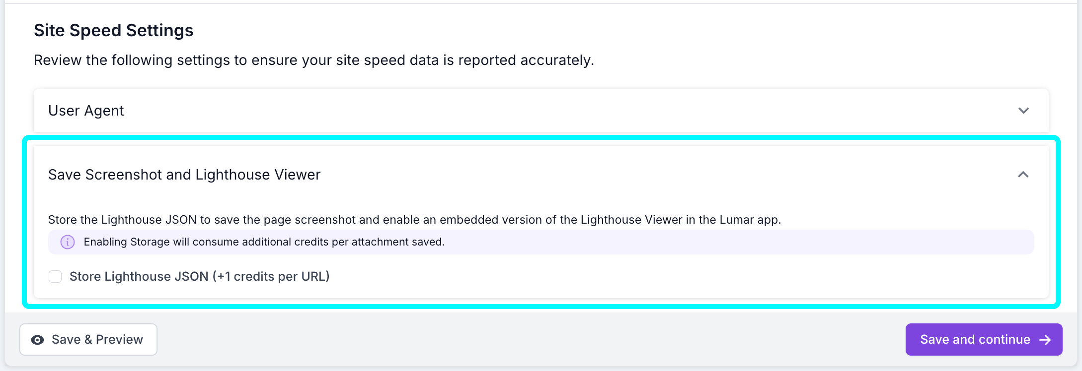 Screenshot of step 1 of the project setup process with the save screenshot and lighthouse viewer setting highlighted, with the option to enable it via a checkbox.