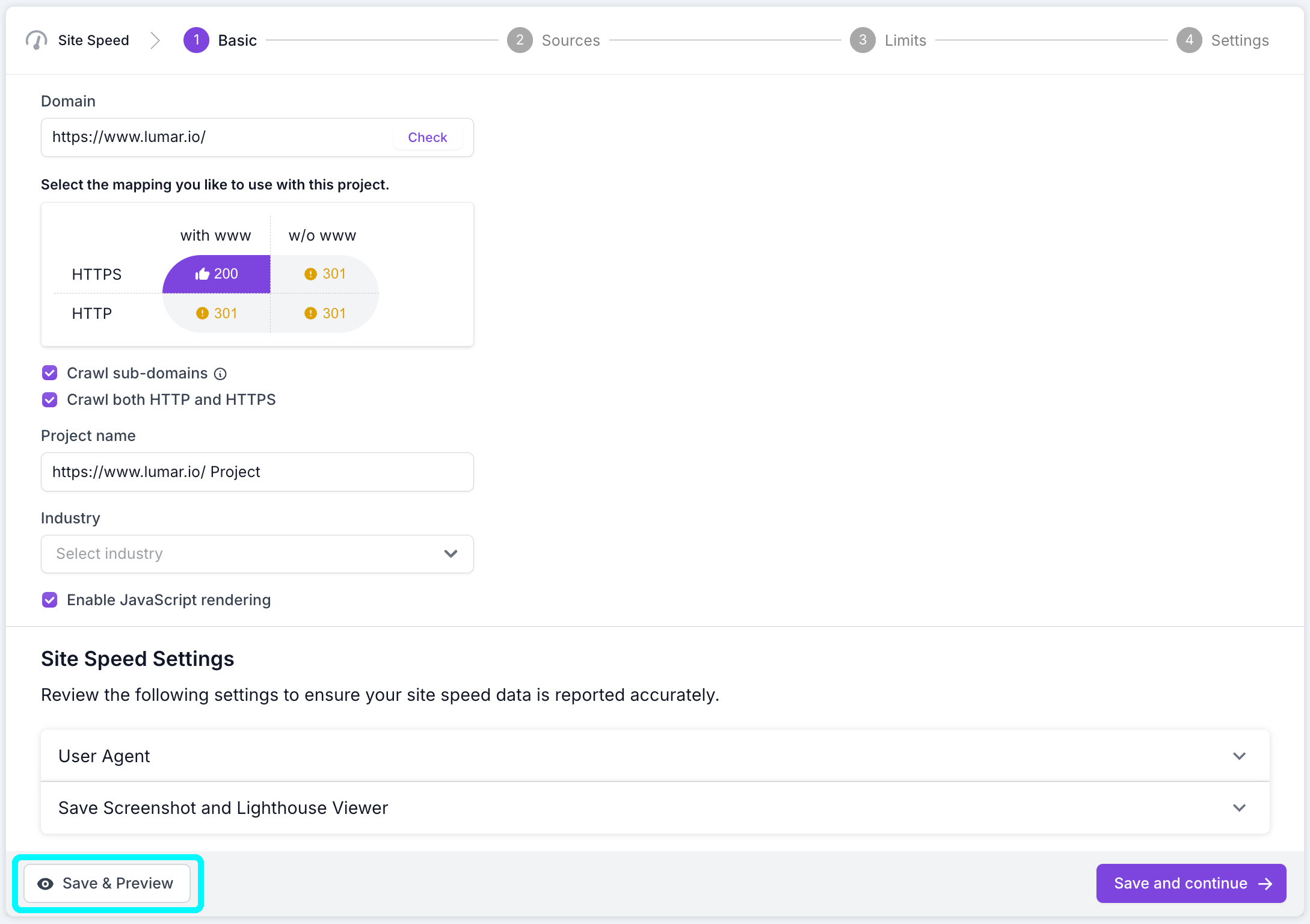 Screenshot of step 1 of the crawl setup process with the save and preview button highlighted at the bottom of the screen.