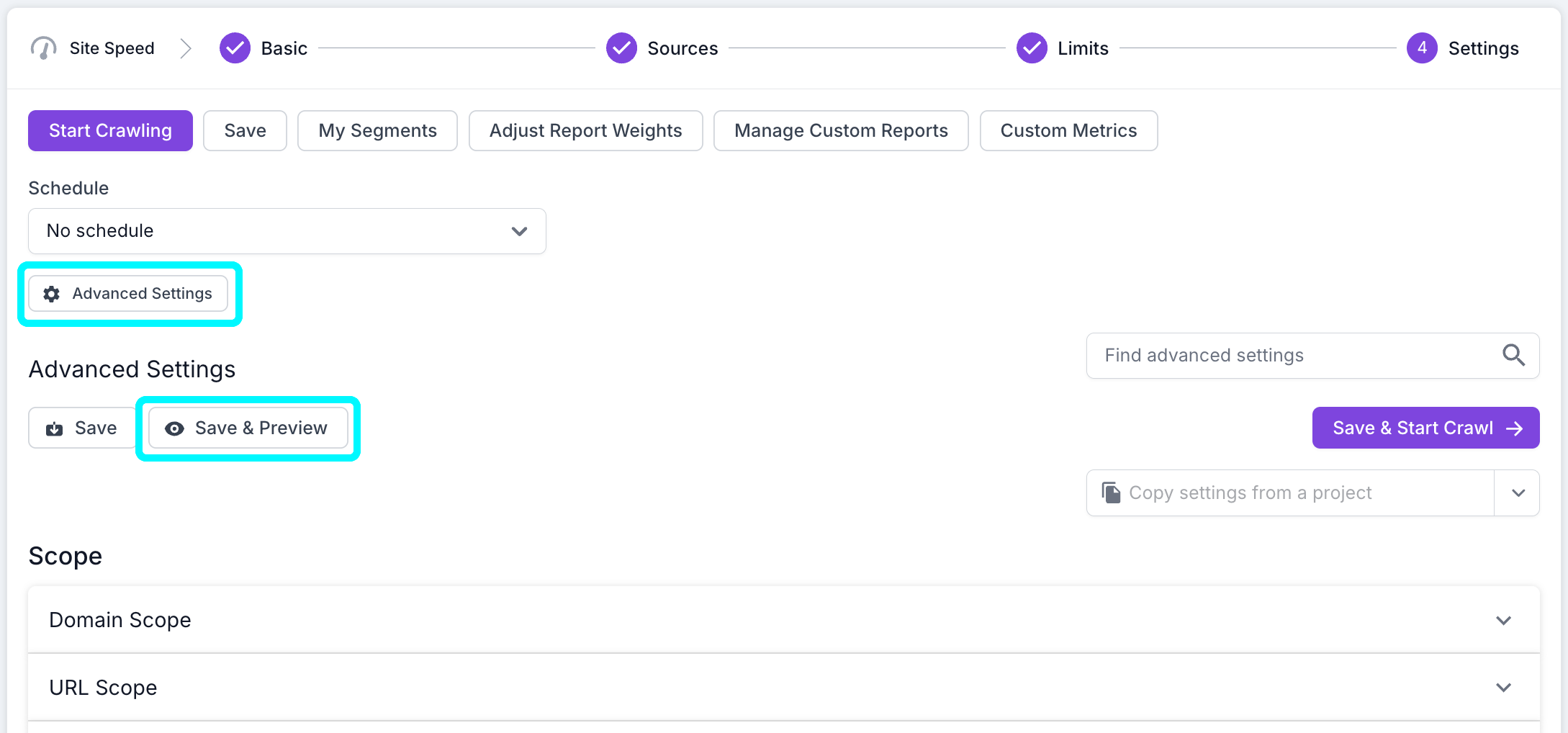 Screenshot of step 4 of the crawl setup process with the Advanced Settings and Save and Preview buttons highlighted.