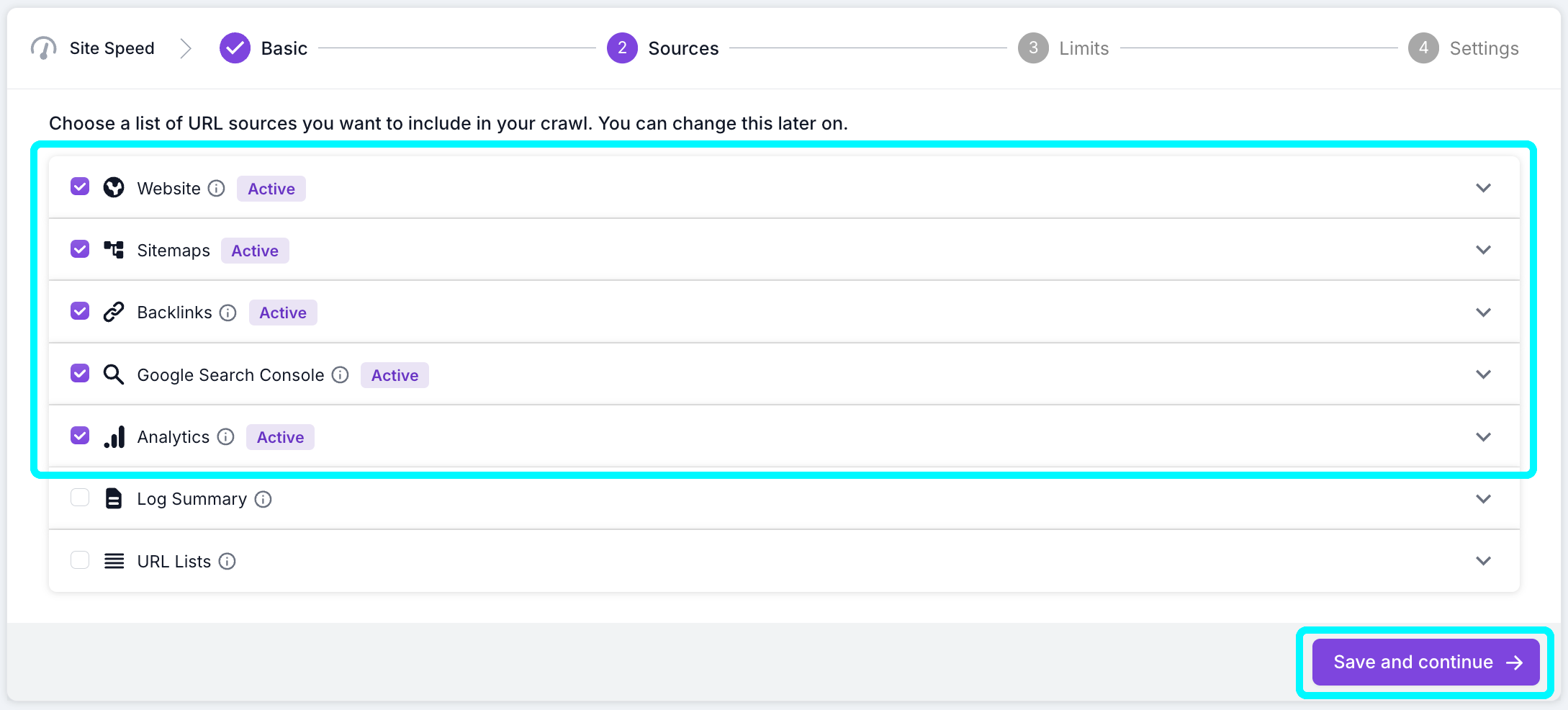 Screenshot of step 2 of the crawl project process with the website, sitemaps, backlinks, Google Search Console, and Analytics options checked. The log summary and URL lists options are unchecked, and the save and continue button is highlighted.