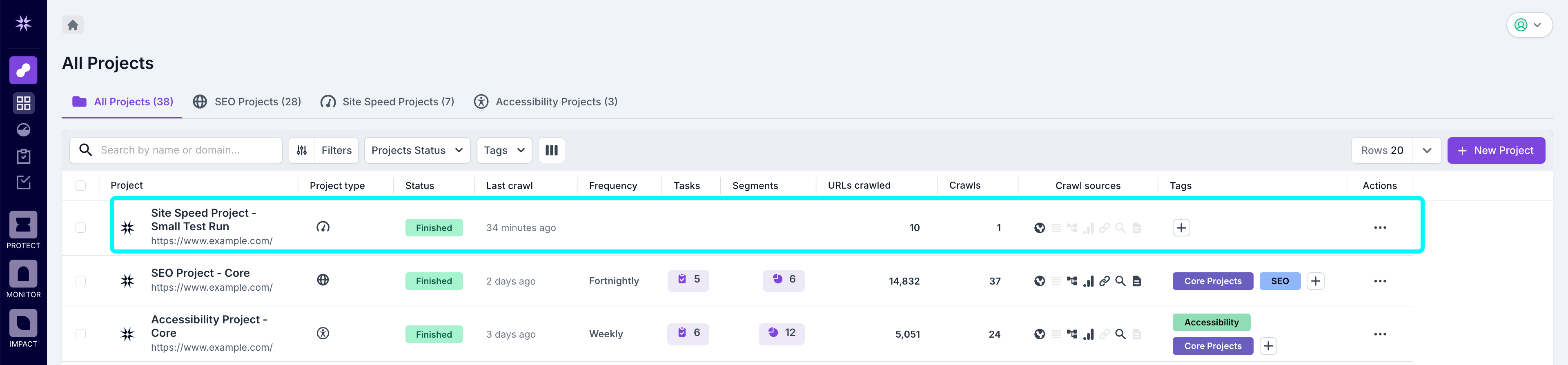 Screenshot of the Analyze project list view with a small test run crawl complete, showing 1 crawl completed and 10 URLs crawled.