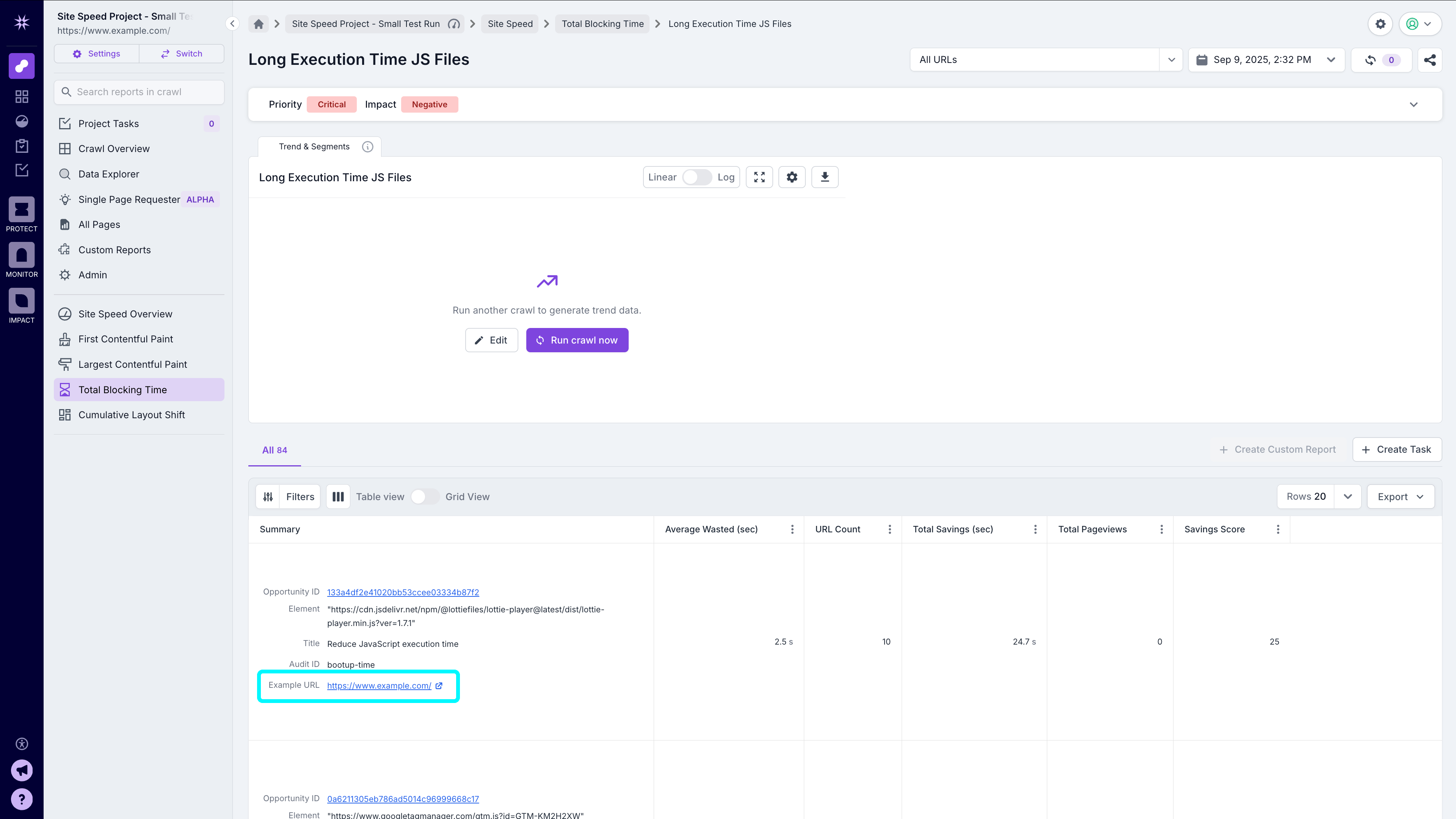 Screenshot of a Site Speed report with the Found At URL highlighted in the report table. 