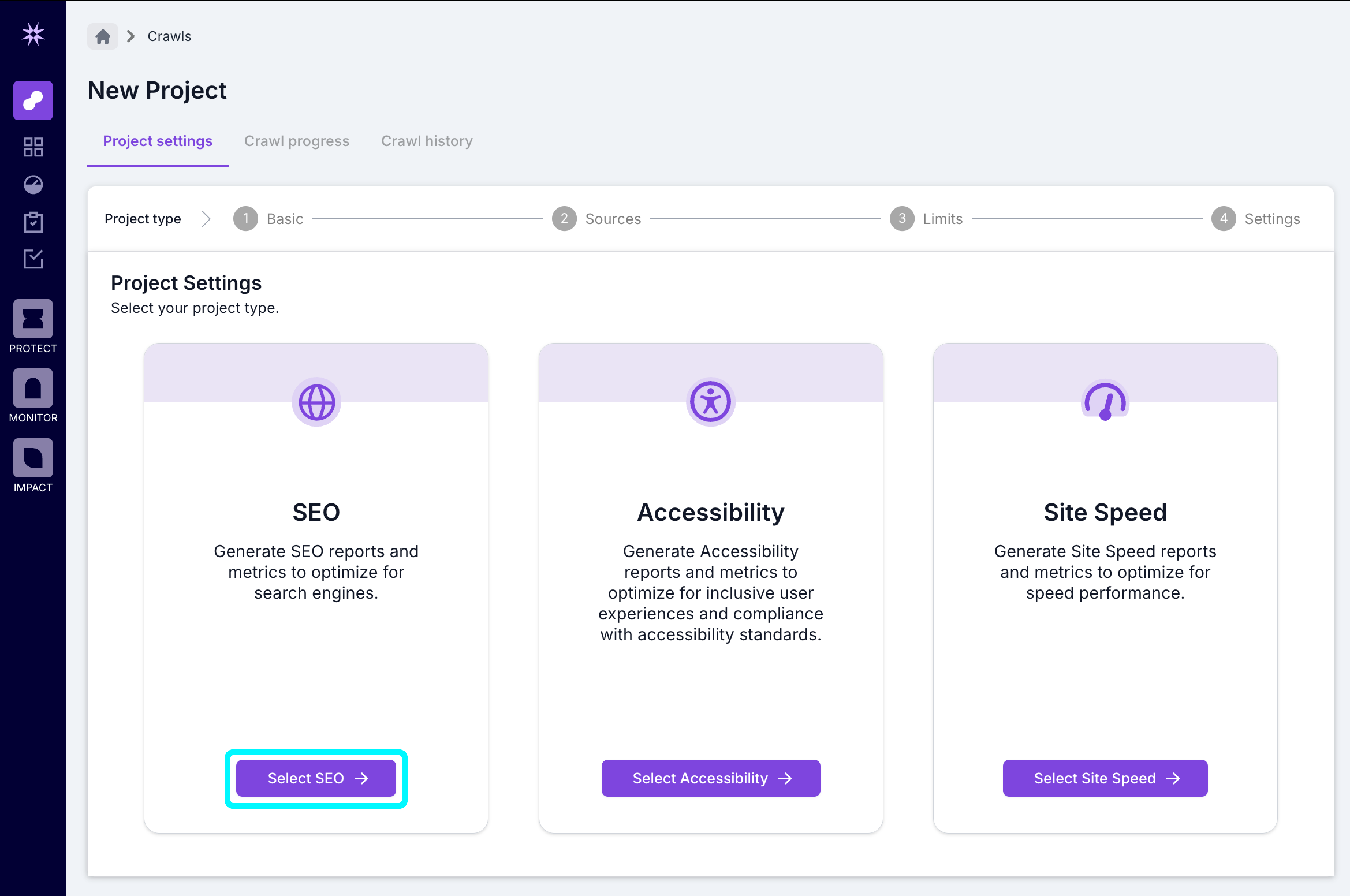 Screenshot of the new project screen showing the option to create an SEO, accessibility, or site speed project. The Select SEO button is highlighted.