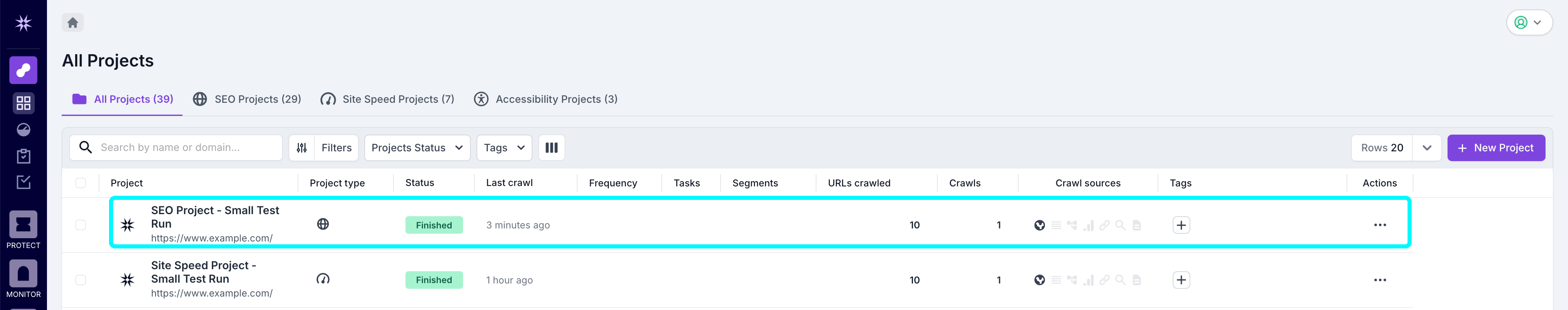Screenshot of the Analyze project list view showing a completed small test run for an SEO project. The detail shows 1 crawl completed and 10 URLs crawled.