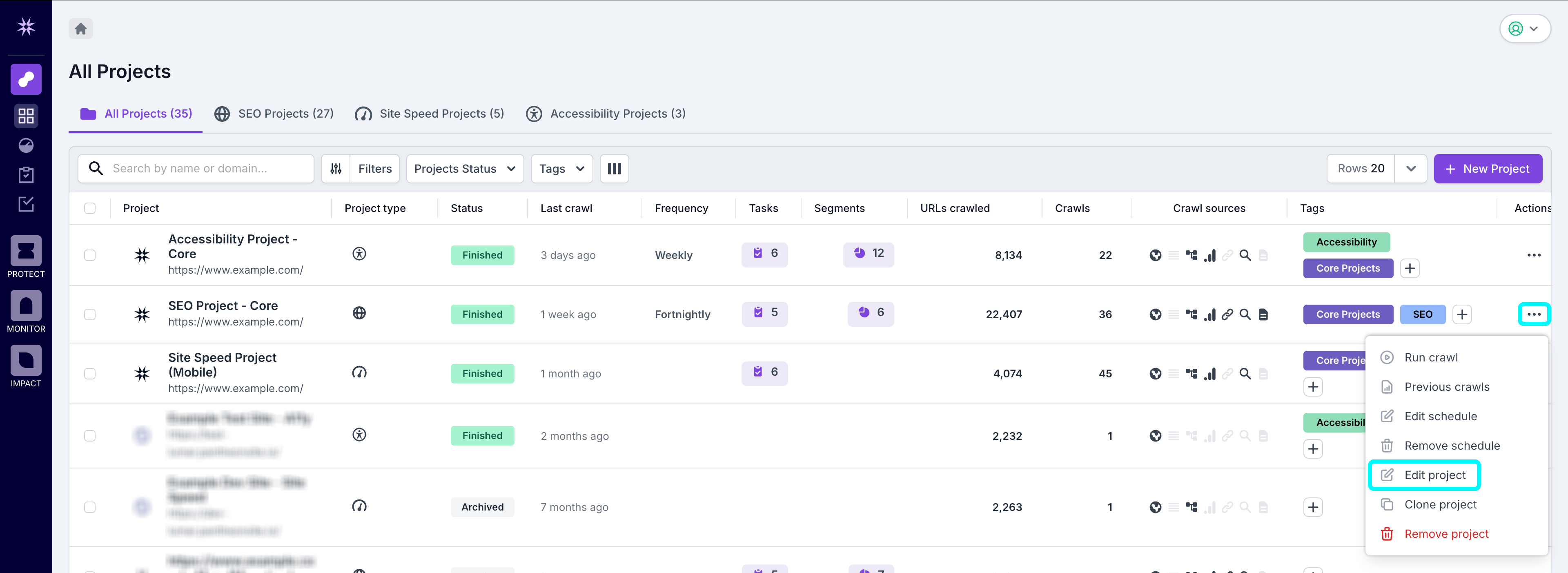 Screenshot of the Lumar Analyze project list view with the ellipses to the right of a project highlighted, and the edit project option on the opened menu also highlighted.