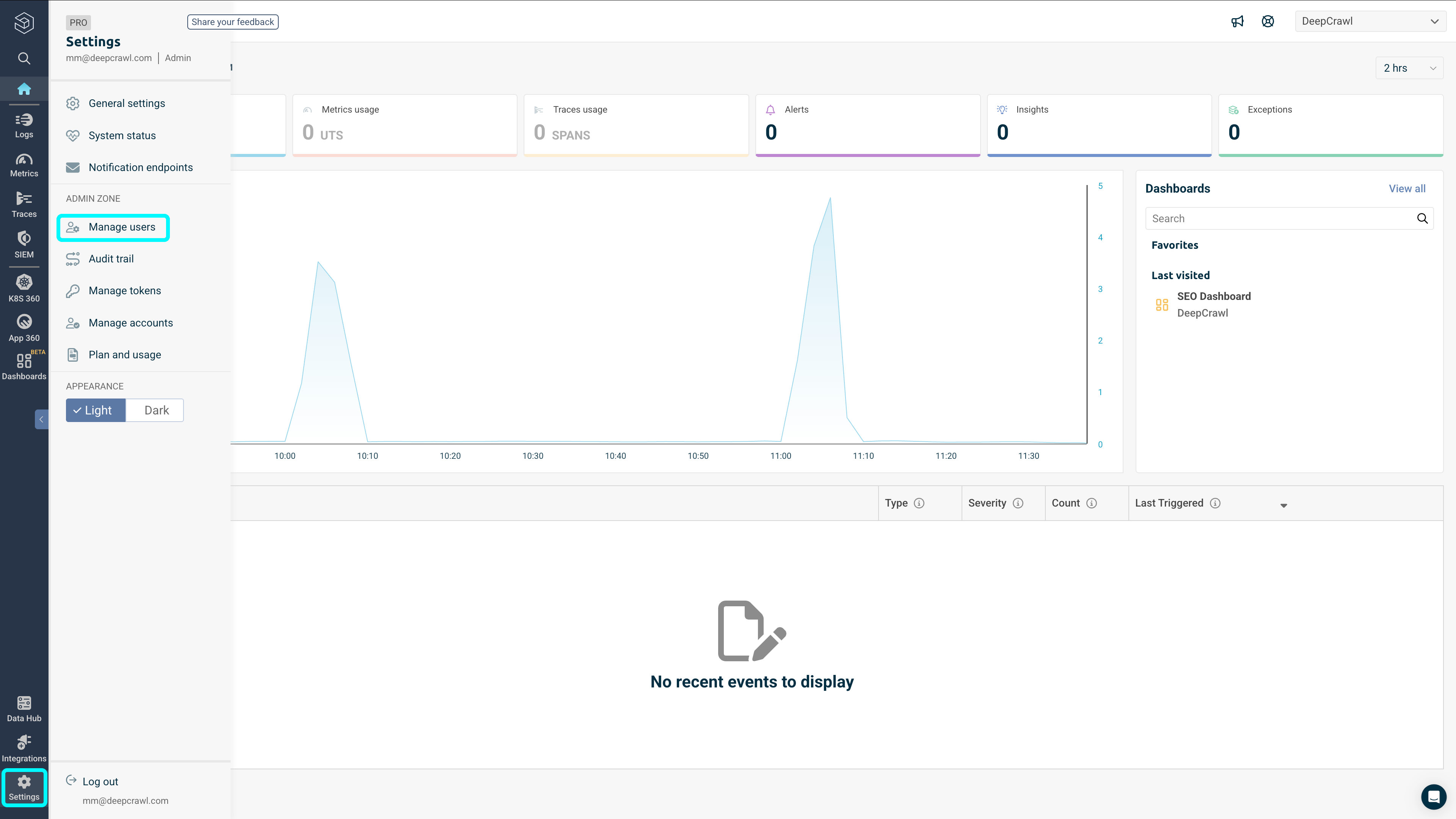 Screenshot of the Logz.io Settings view, with the Settings cog in the bottom left corner, and the Manage users option in the left-hand navigation highlighted.