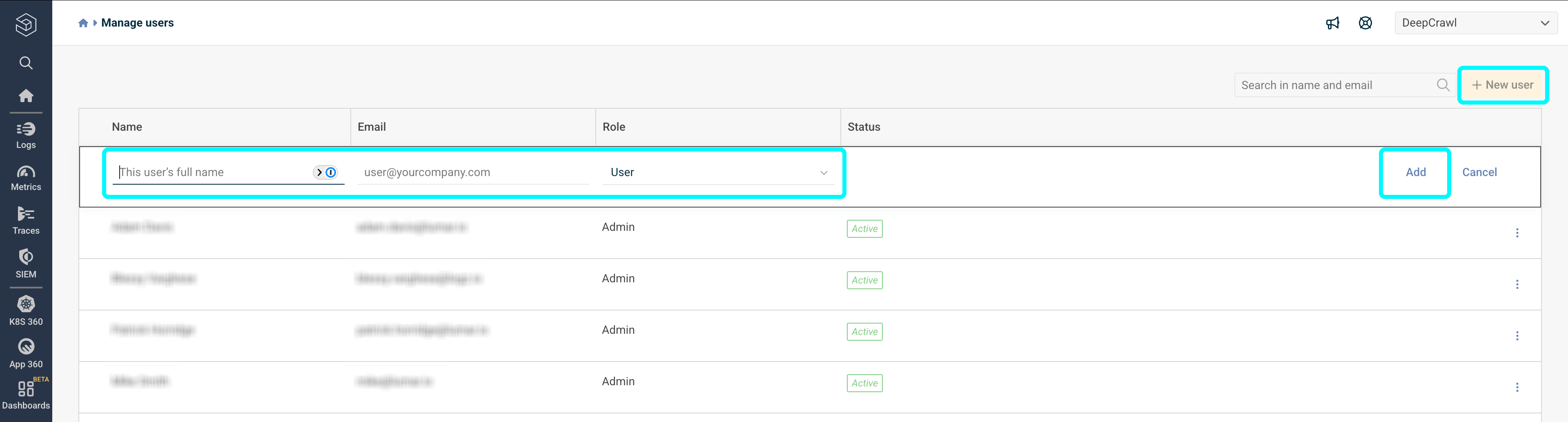 Screenshot of the Logz.io manage users screen with the new user option and add button highlighted.
