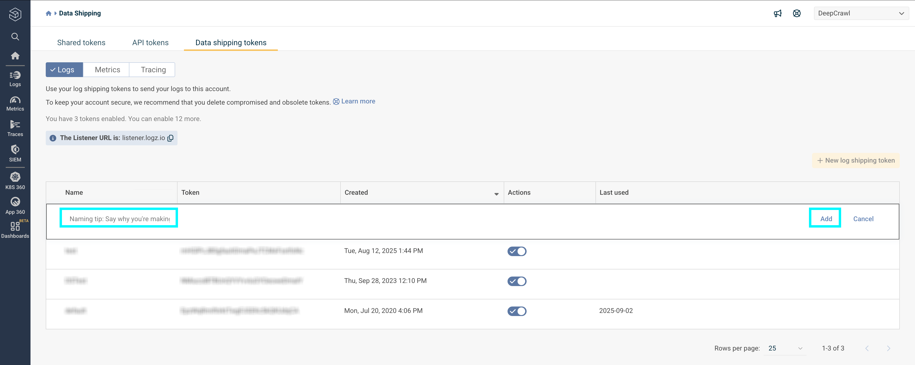 Screenshot of the add new shipping token screen in Logz.io with the option to add a new name and the add button highlighted.