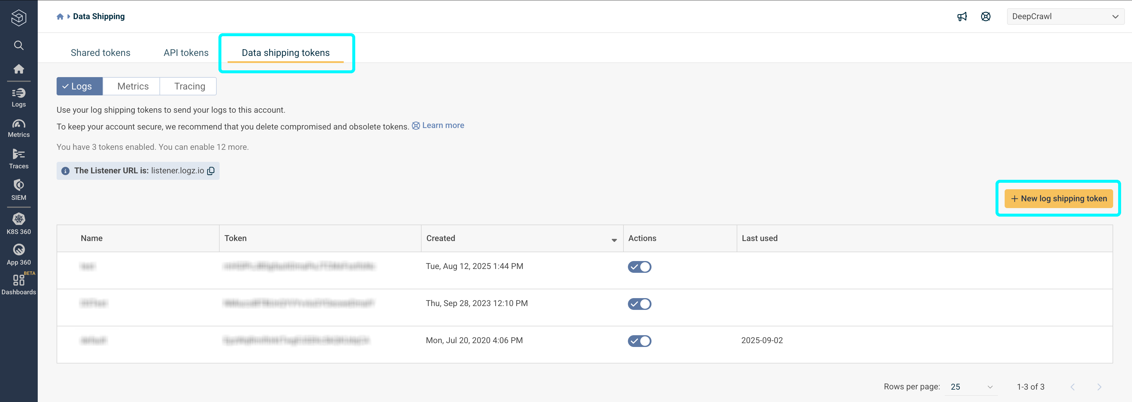 Screenshot of the Data Shipping tokens screen in Logz.io with the Data Shipping tokens tab at the top of the screen, and the add new log shipping token button on the left-hand side highlighted.
