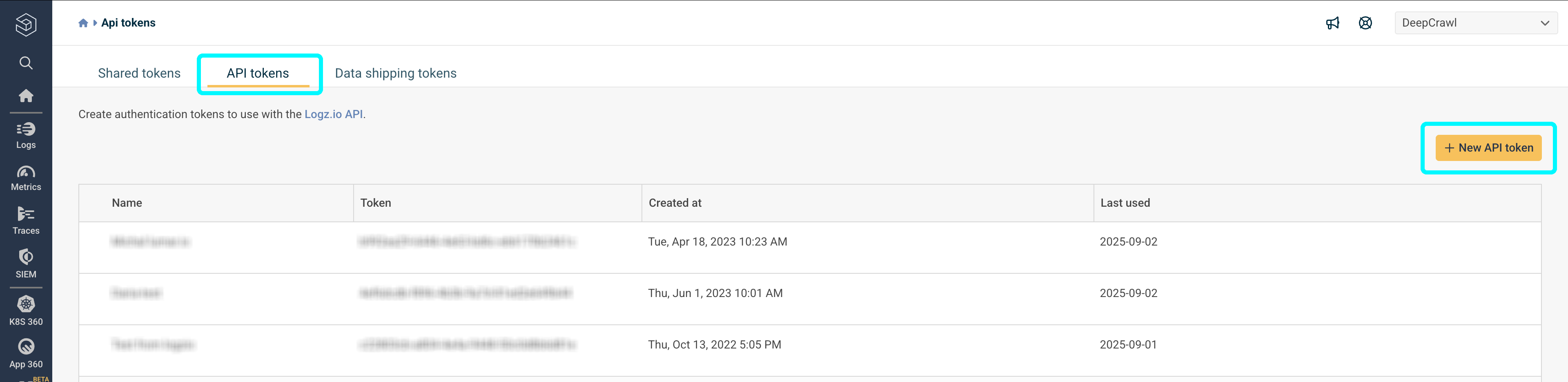 Screenshot of the API tokens view in Logz.io with the API tokens tab and add new API token button highlighted.