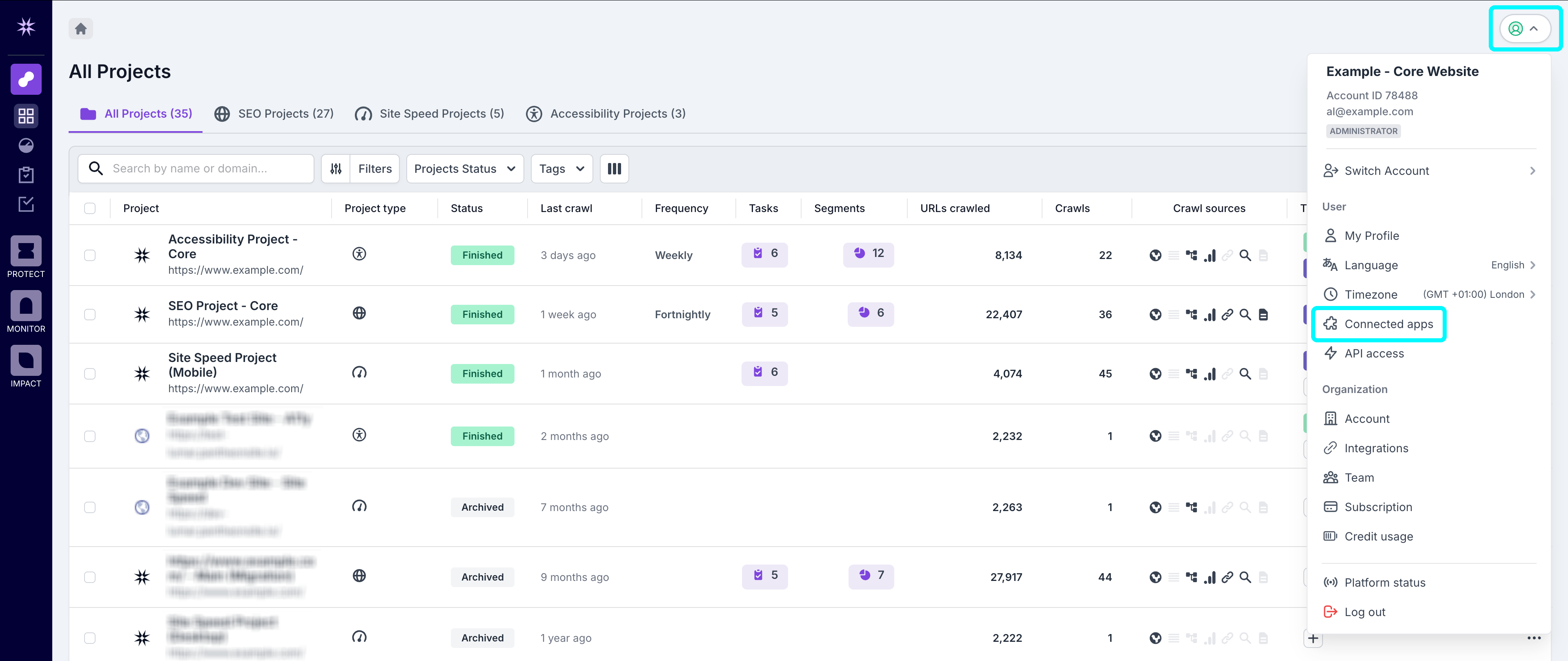 Screenshot of the Lumar Analyze project list view with the user menu button in the top-right corner, and the Connected apps option in the opened menu highlighted.
