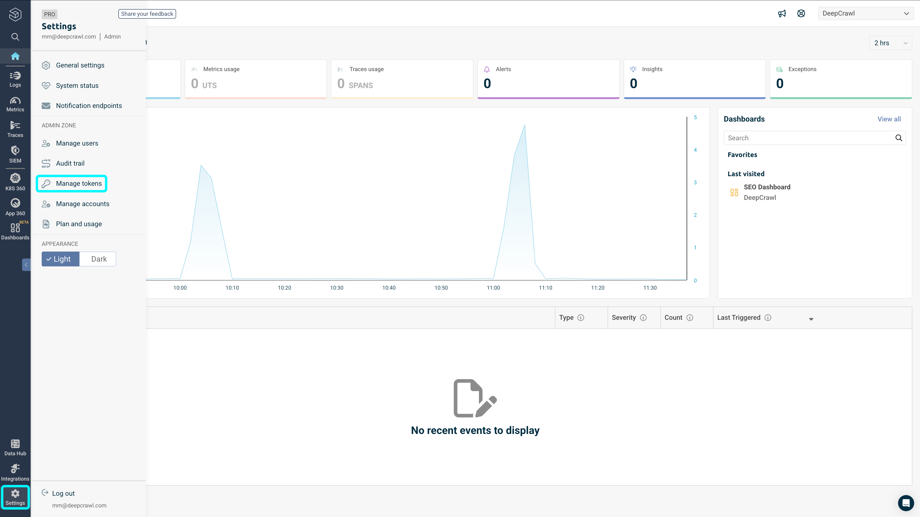 Screenshot of the Logz.io settings screen with the settings cog in the bottom left corner and the Manake tokens option in the left-hand navigation highlighted.