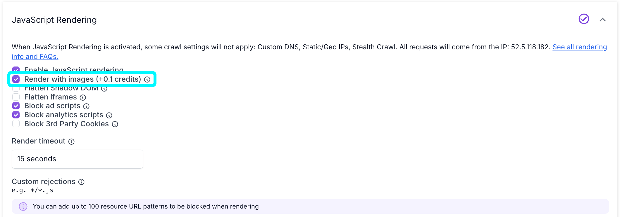 Screenshot of the JavaScript rendering settings in Advanced Settings in step 4 of the project setup, with the Render with Images option highlighted.