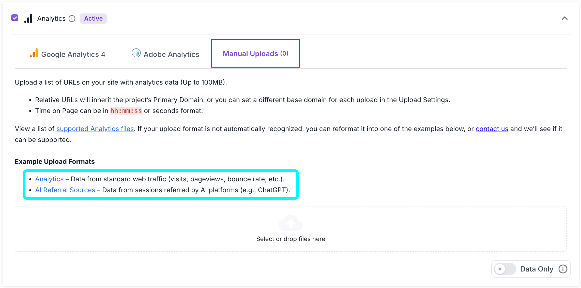 Screenshot of the analytics manual upload option in step 2 of the project setup process with the links to example upload format files highlighted.