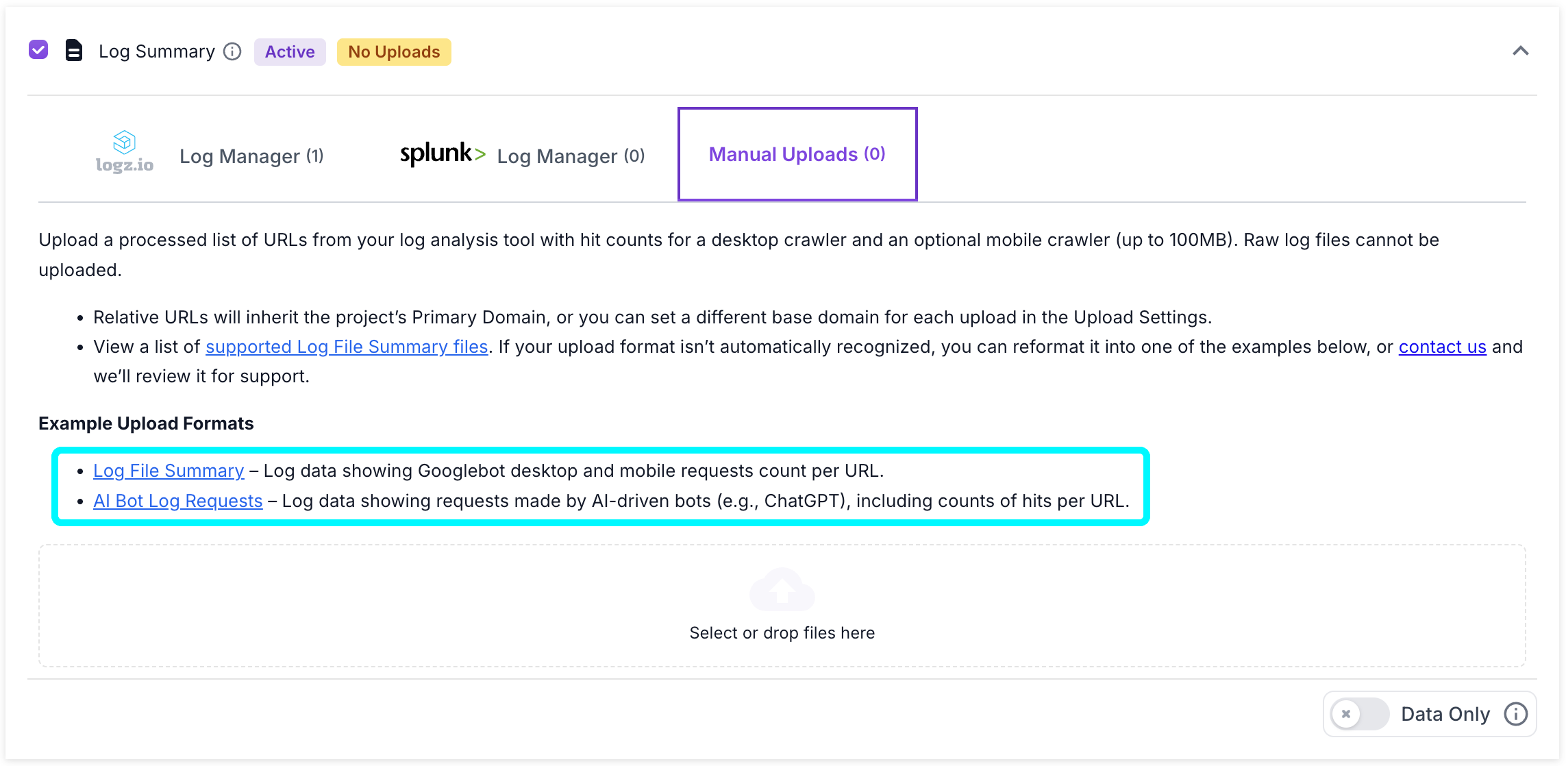 Screenshot of the log file manual upload option in step 2 of the project setup process with the links to example upload format files highlighted.
