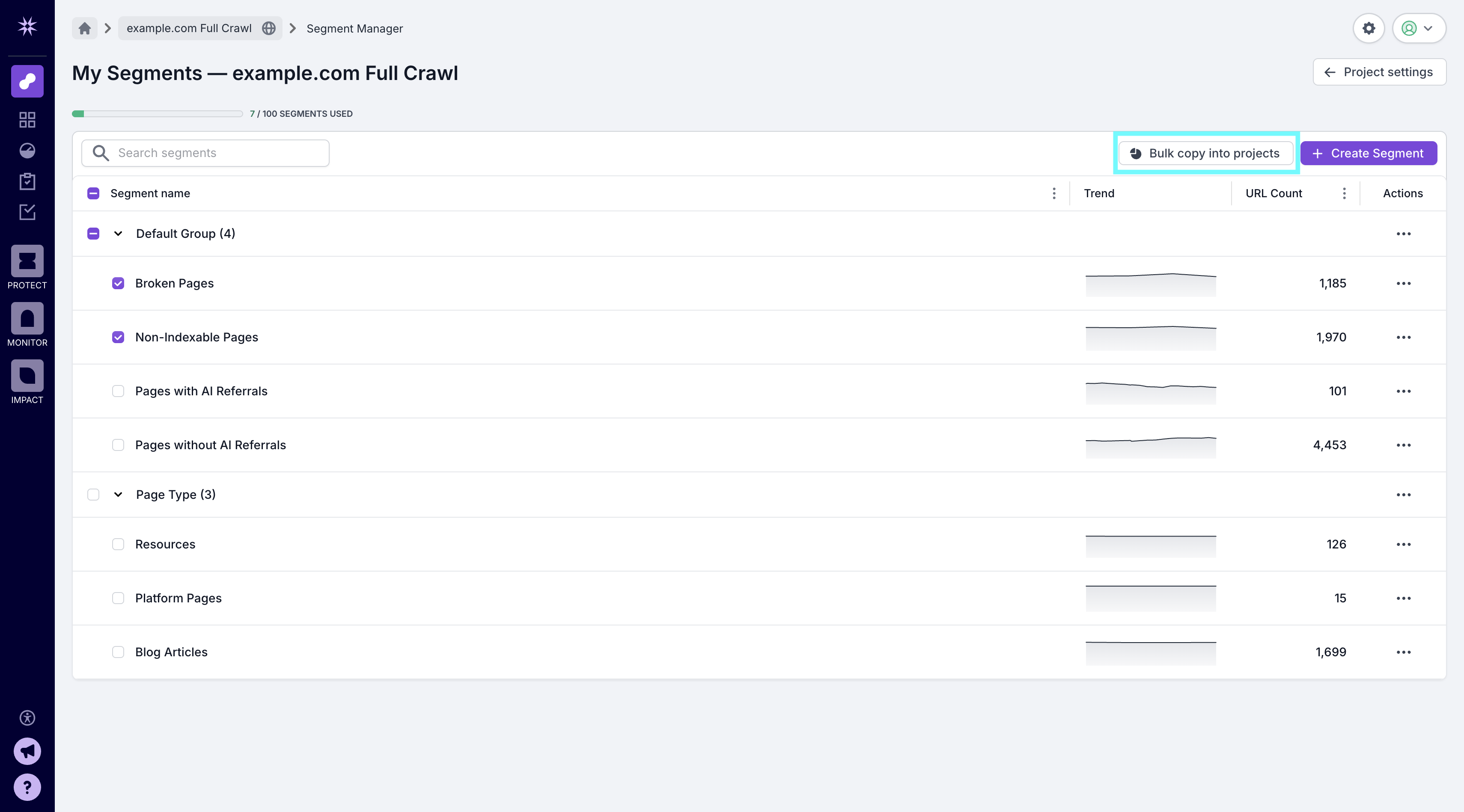 The segment list in Lumar, showing the segment capacity bar, two selected segments and the Bulk copy into projects button.
