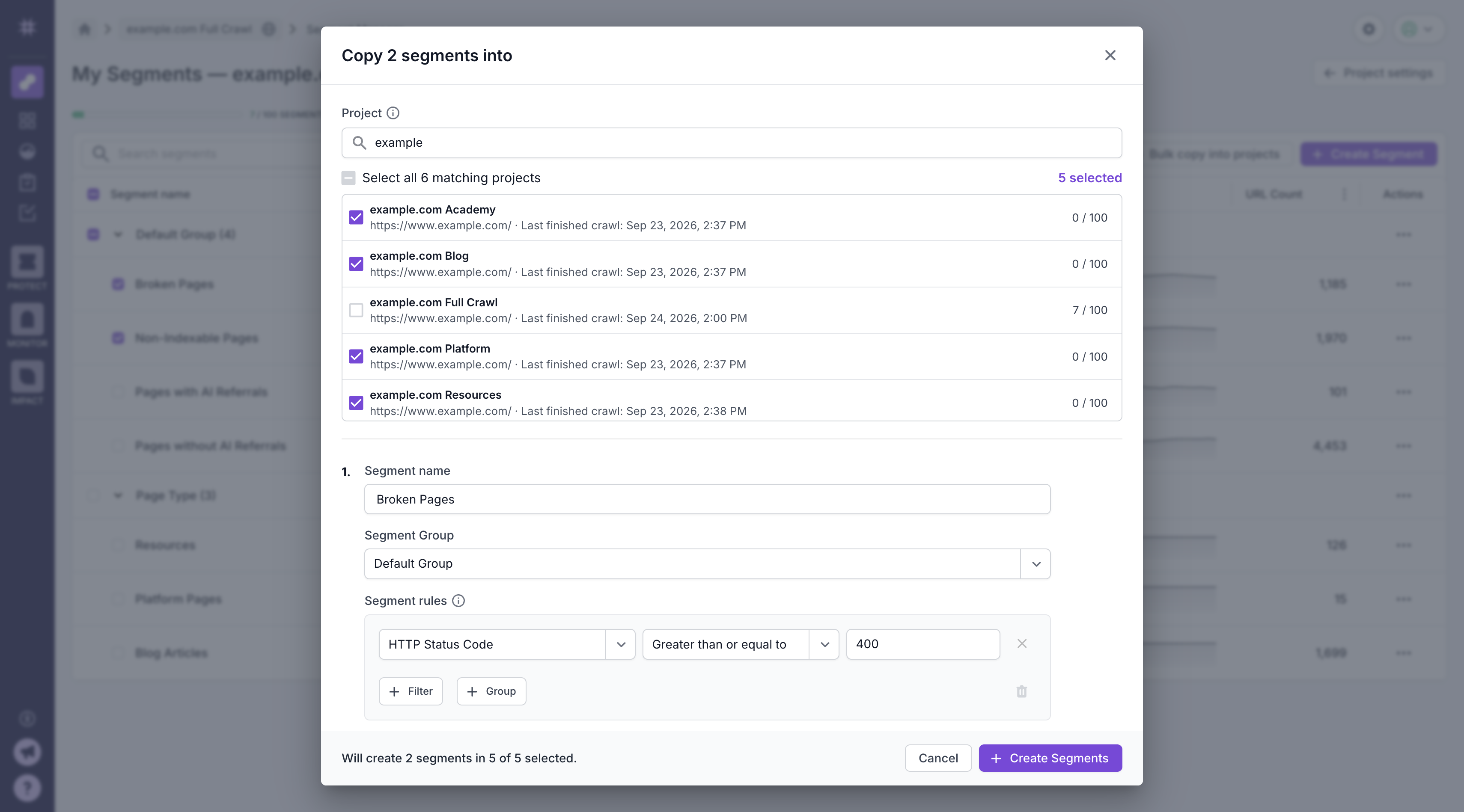The copy segments dialog in Lumar, showing a project search with six matching projects selected, each displaying its domain, last finished crawl and segment count out of 100.